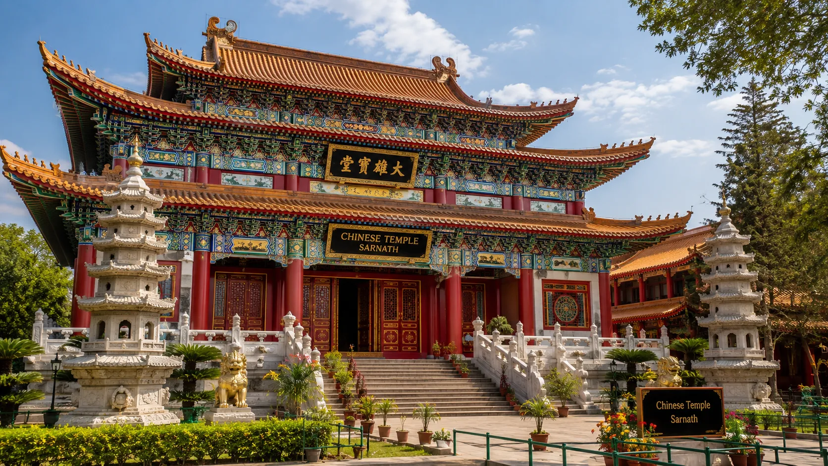 Chinese Temple Sarnath - The bright red-and-gold Chinese temple with its hanging lanterns