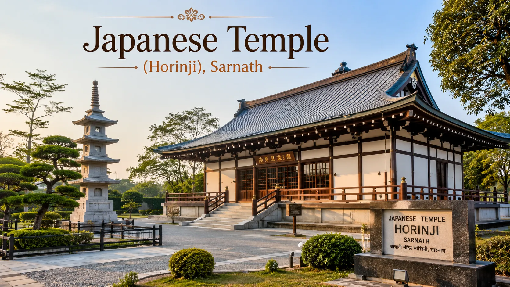 Japanese Temple Sarnath - The two-storey Japanese pagoda with its sloping roof and sandalwood reclining Buddha