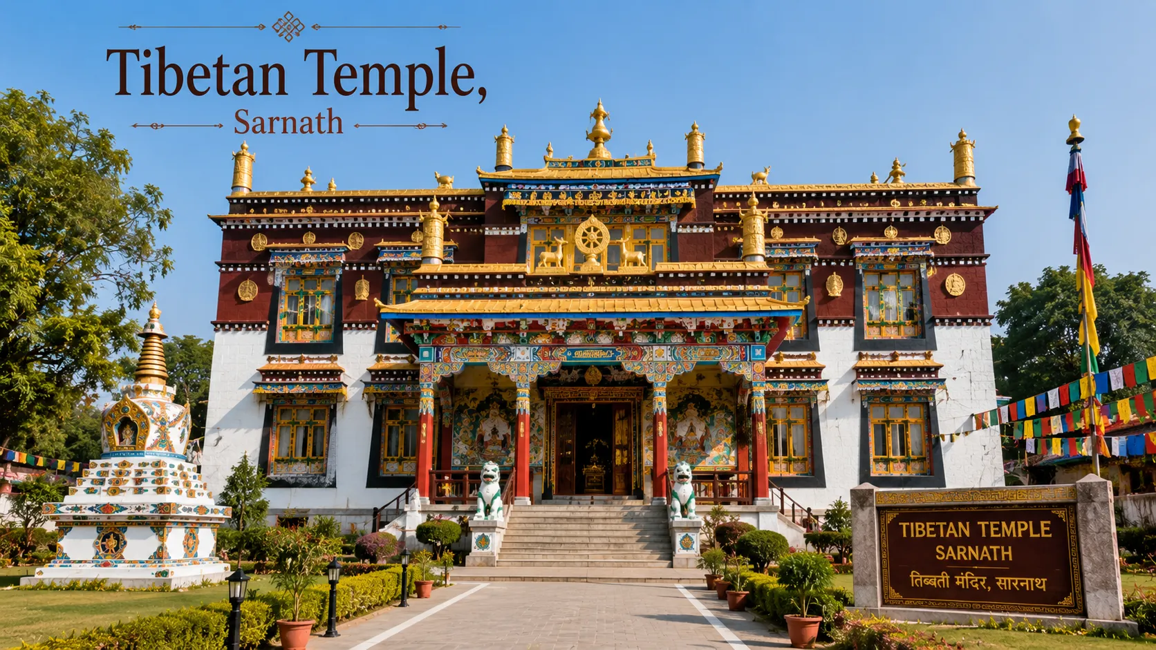 Tibetan Temple Sarnath - The colourful Tibetan temple with its prayer wheels and golden Shakyamuni Buddha