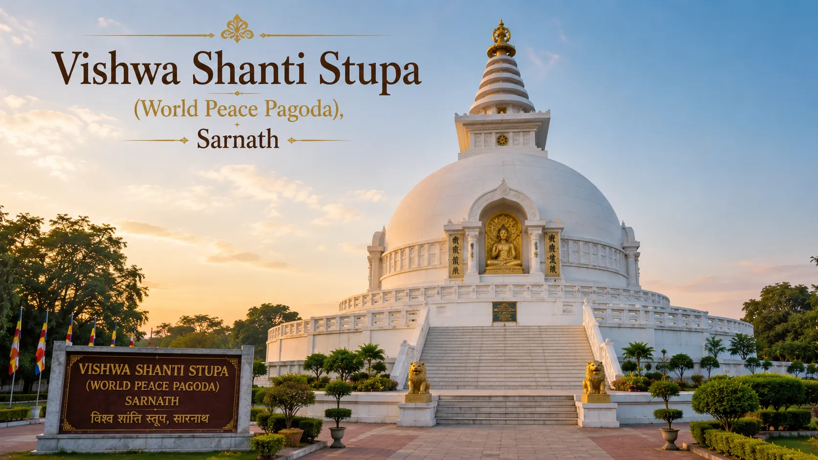 Vishwa Shanti Stupa Sarnath - The Sanchi-style carved gateway and Ashoka pillar replica at the World Peace Pagoda