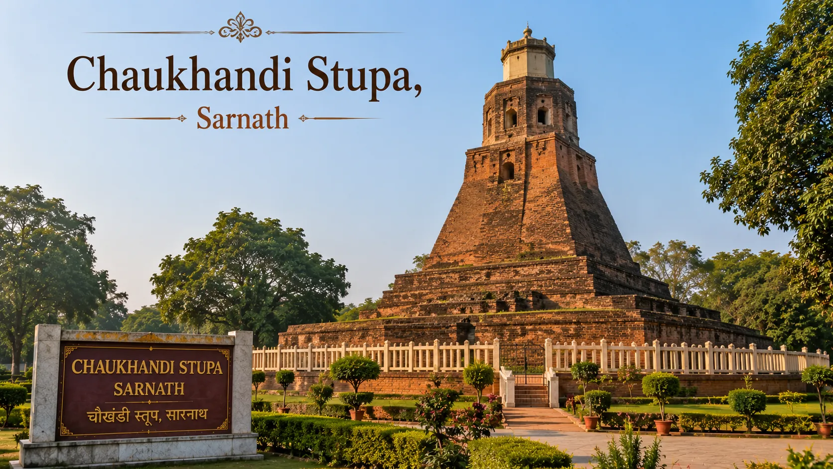 Chaukhandi Stupa Sarnath - The terraced brick mound of the Chaukhandi Stupa topped by its octagonal Mughal tower against the sky