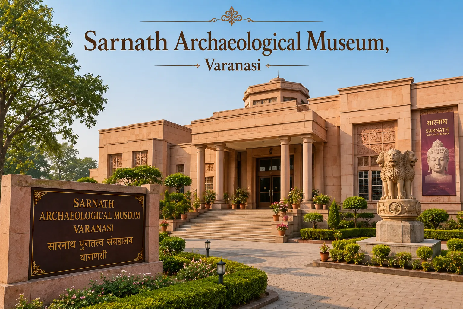 Sarnath Archaeological Museum Varanasi - The Lion Capital of Ashoka or the museum's monastery-shaped sandstone building