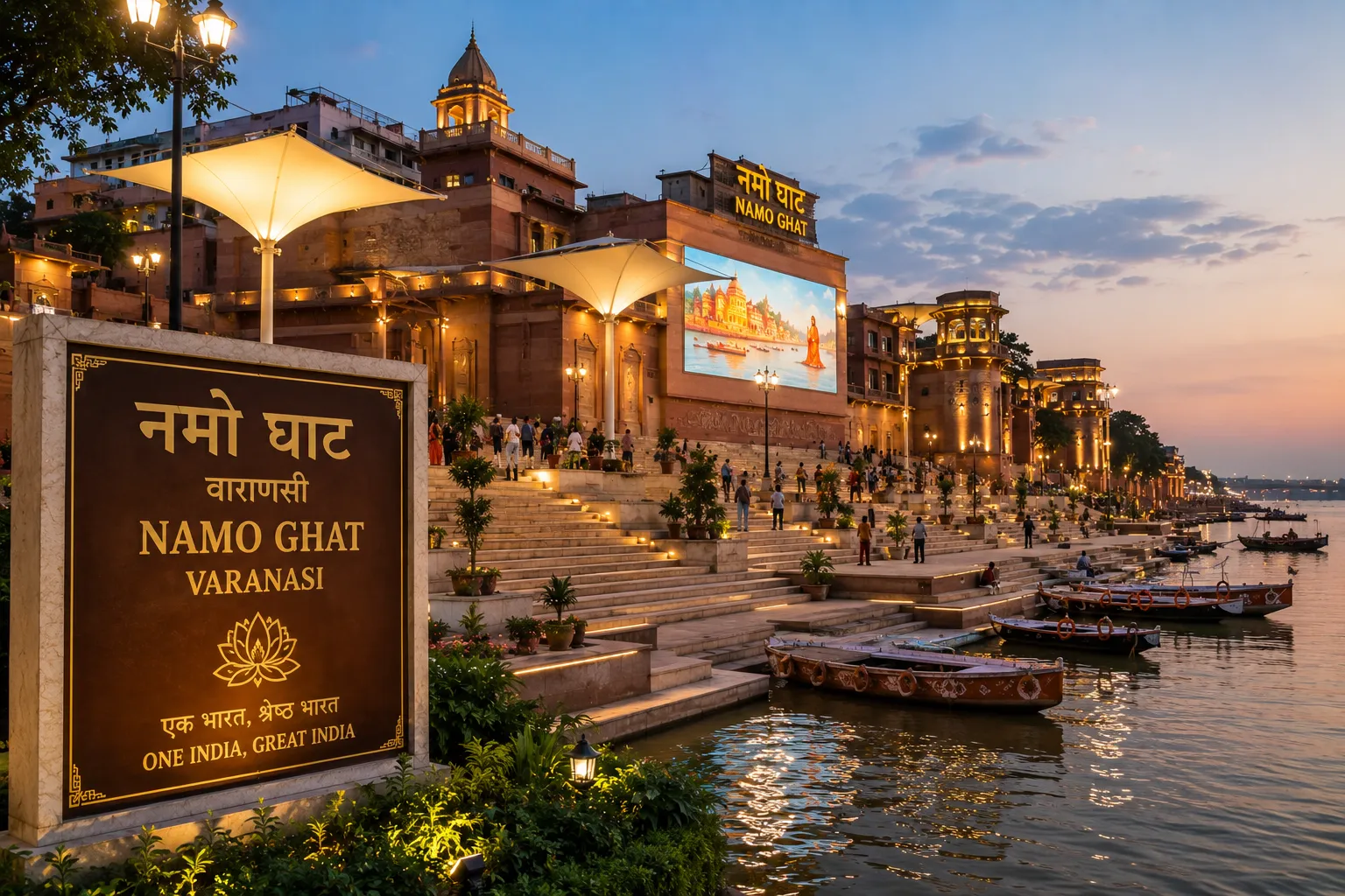 Namo Ghat Varanasi - The giant Namaste folded-hands sculptures greeting the Ganga at sunrise
