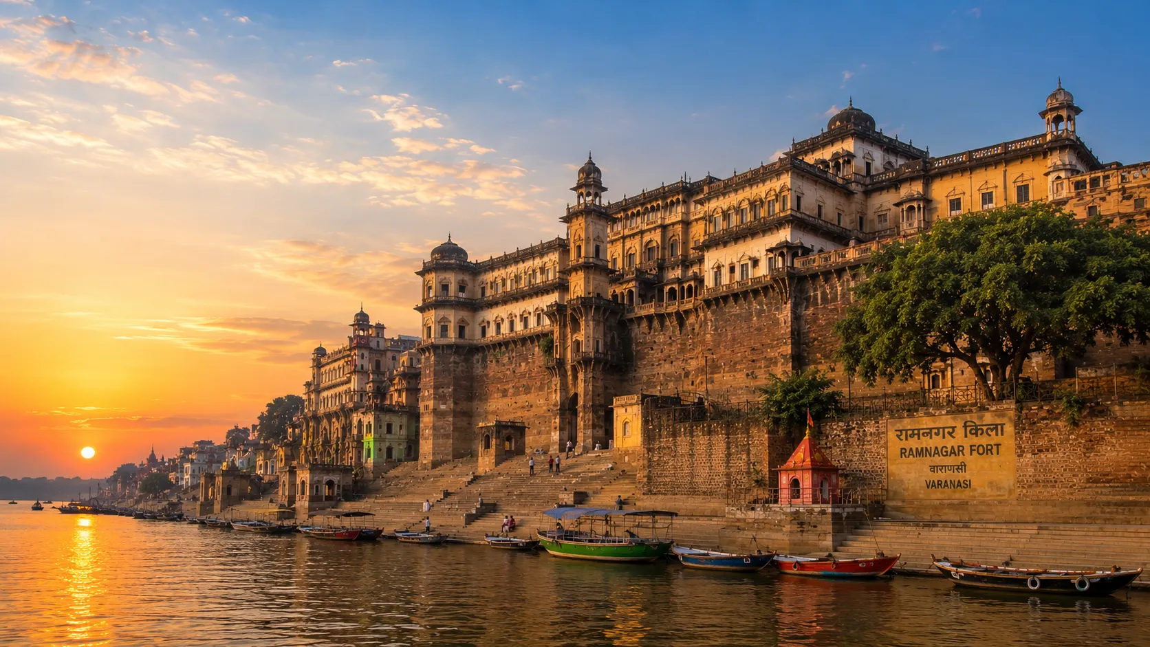 Ramnagar Fort Varanasi - The Chunar-sandstone ramparts and carved balconies of Ramnagar Fort above the Ganga