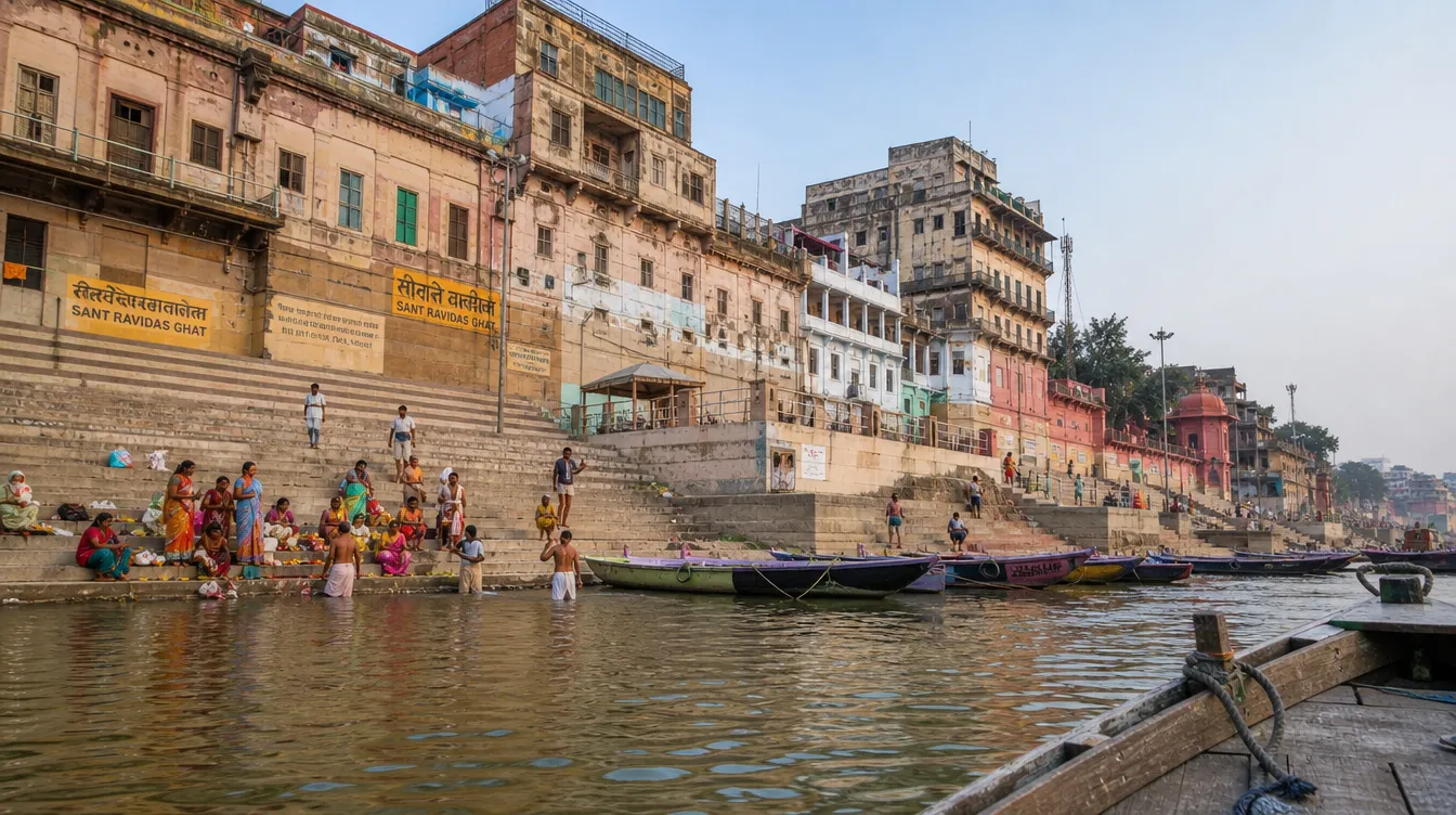 Sant Ravidas Ghat Varanasi - The broad steps with a cruise boat and the Ganga at sunrise
