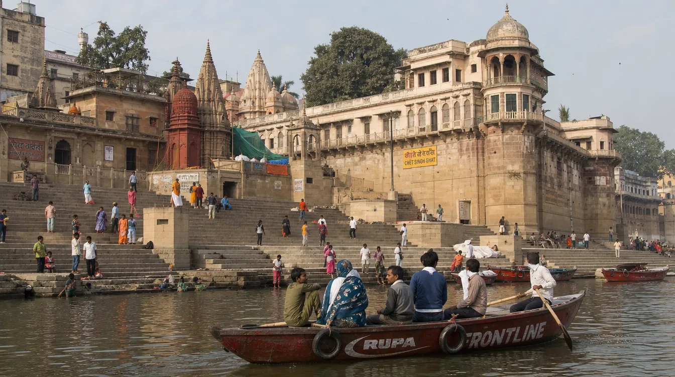 Chet Singh Ghat Varanasi - The stone ramparts of the Chet Singh fort on the Ganga lit for Dev Deepawali with the laser show