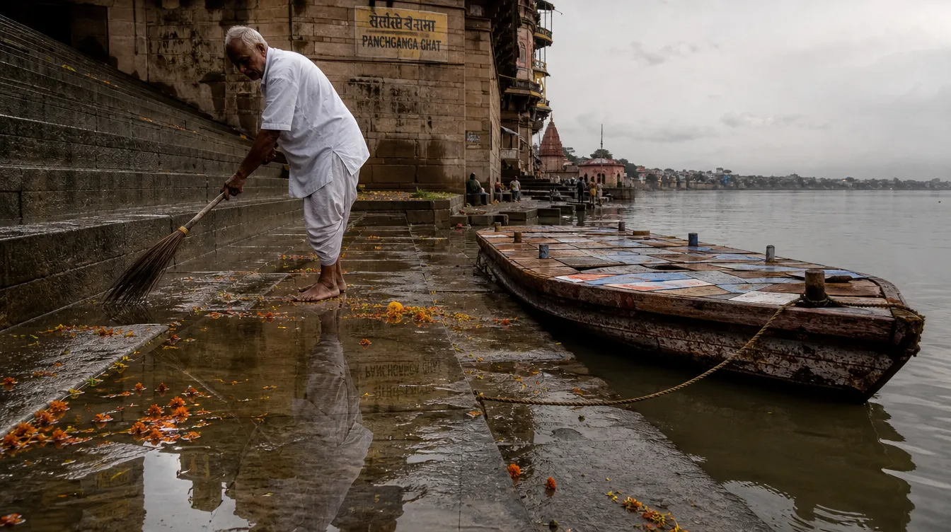 Panchganga Ghat Varanasi - The massive stone steps at dawn with the riverfront