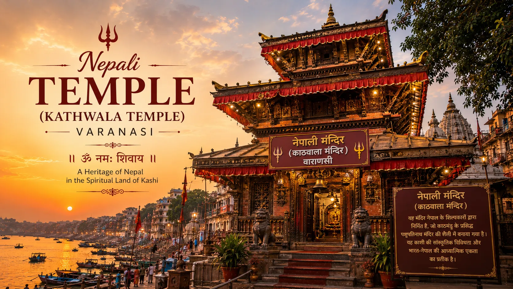 Nepali Temple Varanasi - Red, three tiered Nepali pagoda temple with carved wooden struts at Lalita Ghat