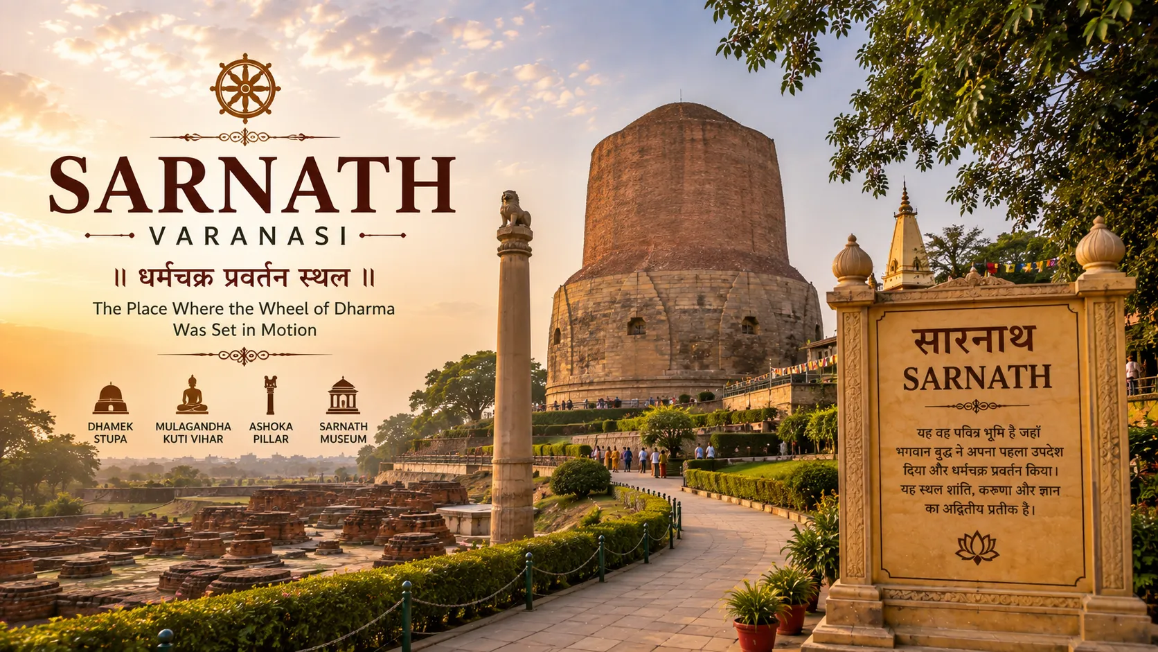 Sarnath Varanasi - The great Dhamek Stupa rising over the ruins in the Deer Park