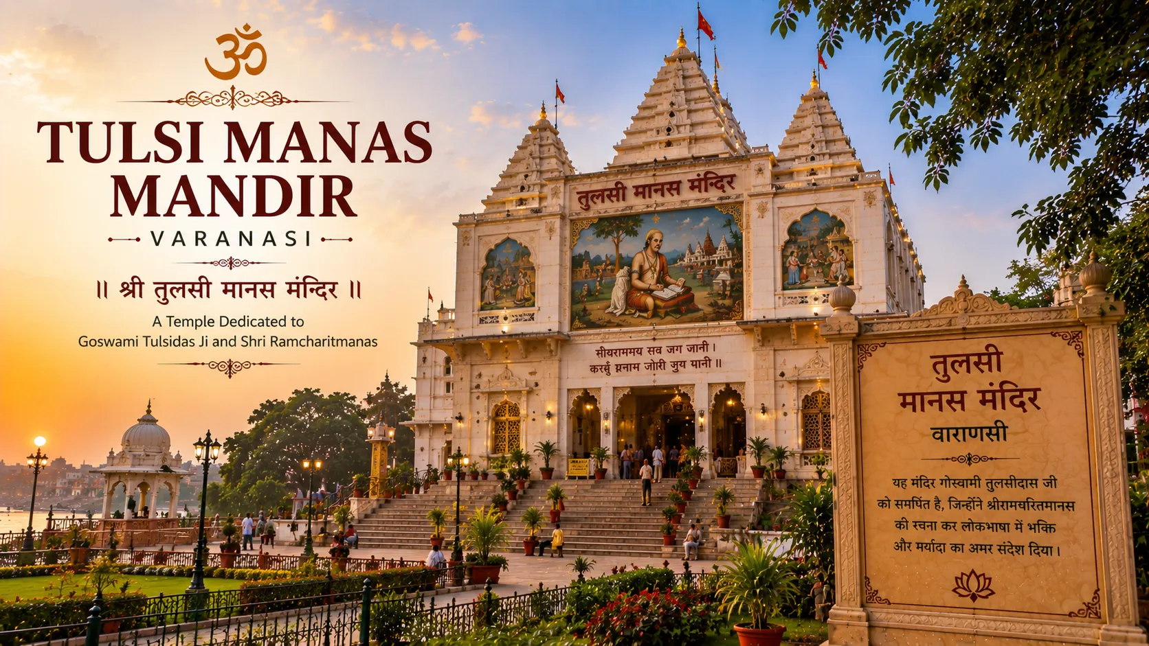 Tulsi Manas Mandir Varanasi - White marble facade and gardens with inscribed Ramcharitmanas walls