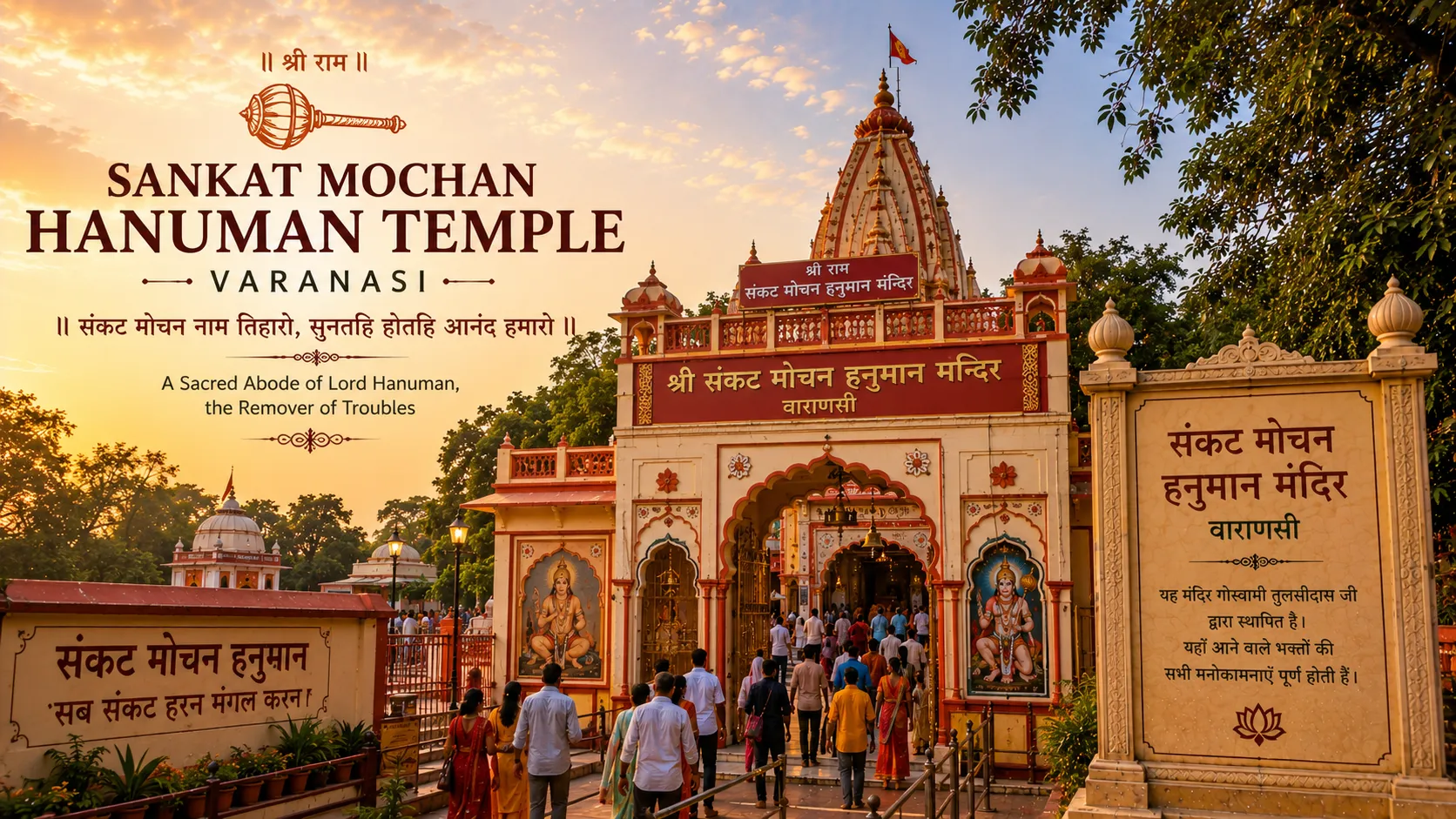 Sankat Mochan Hanuman Temple Varanasi - Red Hanuman idol courtyard with monkeys