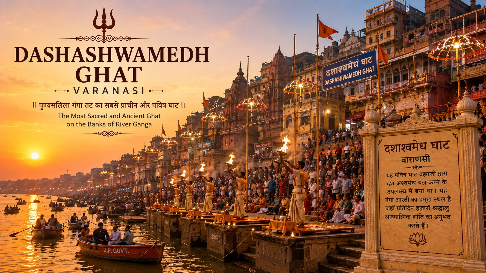 Dashashwamedh Ghat Ganga Aarti Varanasi - Seven priests with brass lamps at dusk from the river