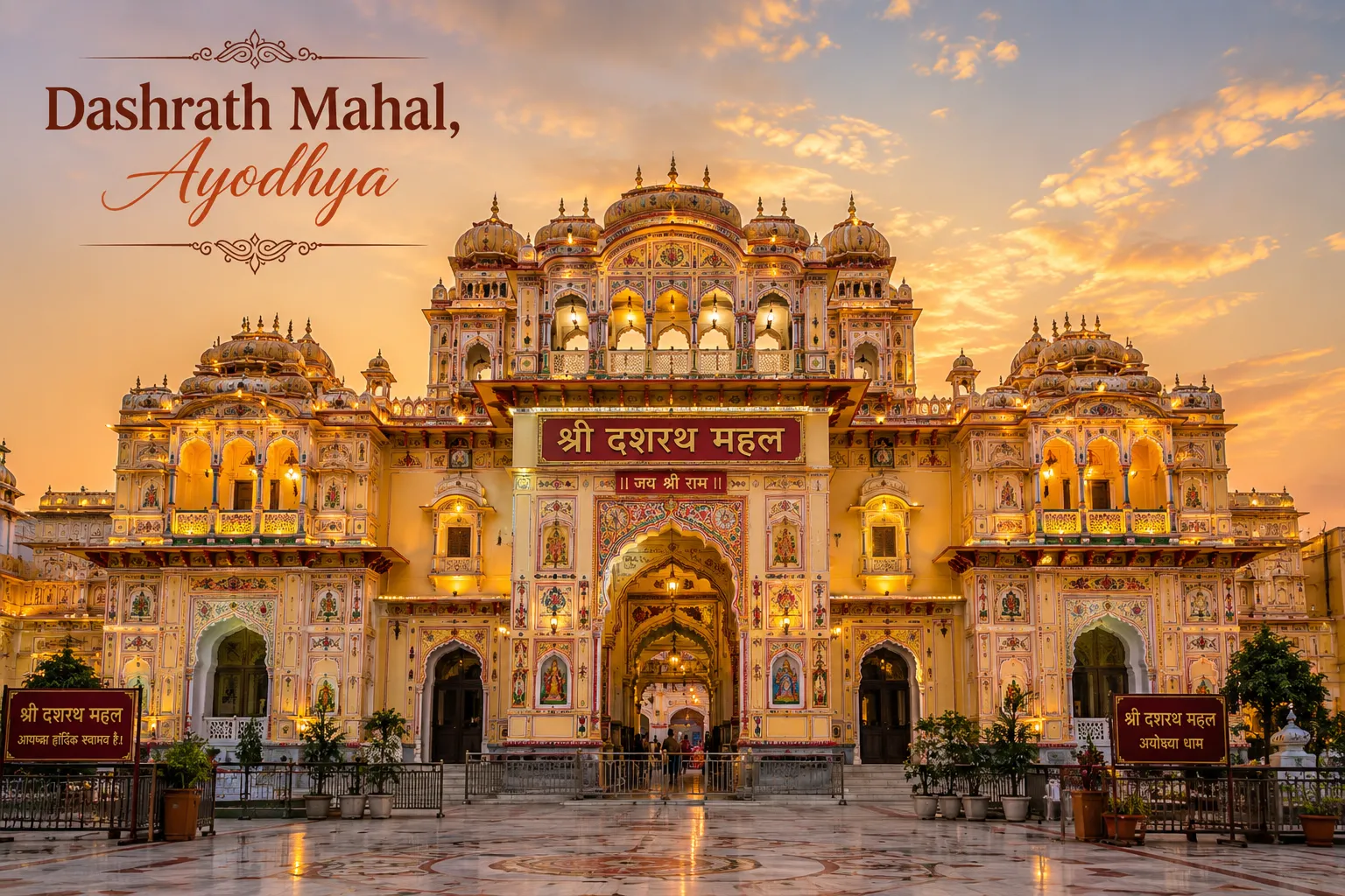 Dashrath Mahal Ayodhya - The colourful, ornate entrance of Dashrath Mahal with its Ram family shrine