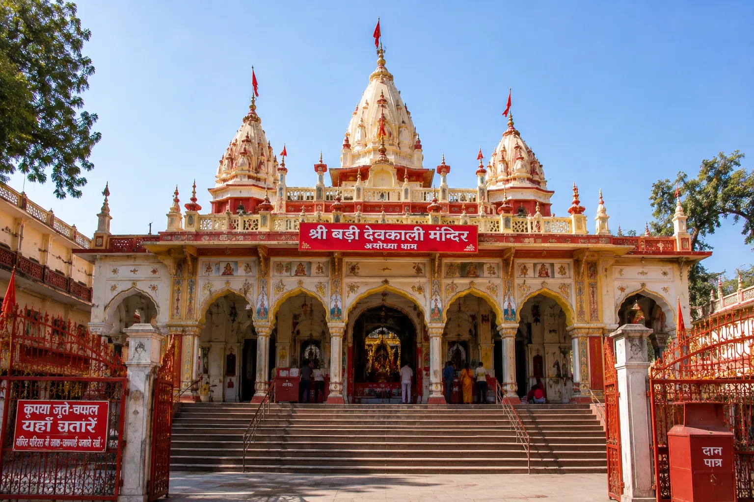 Bada Devkali Mandir Ayodhya - The marble temple with its central pond and the trinity idol