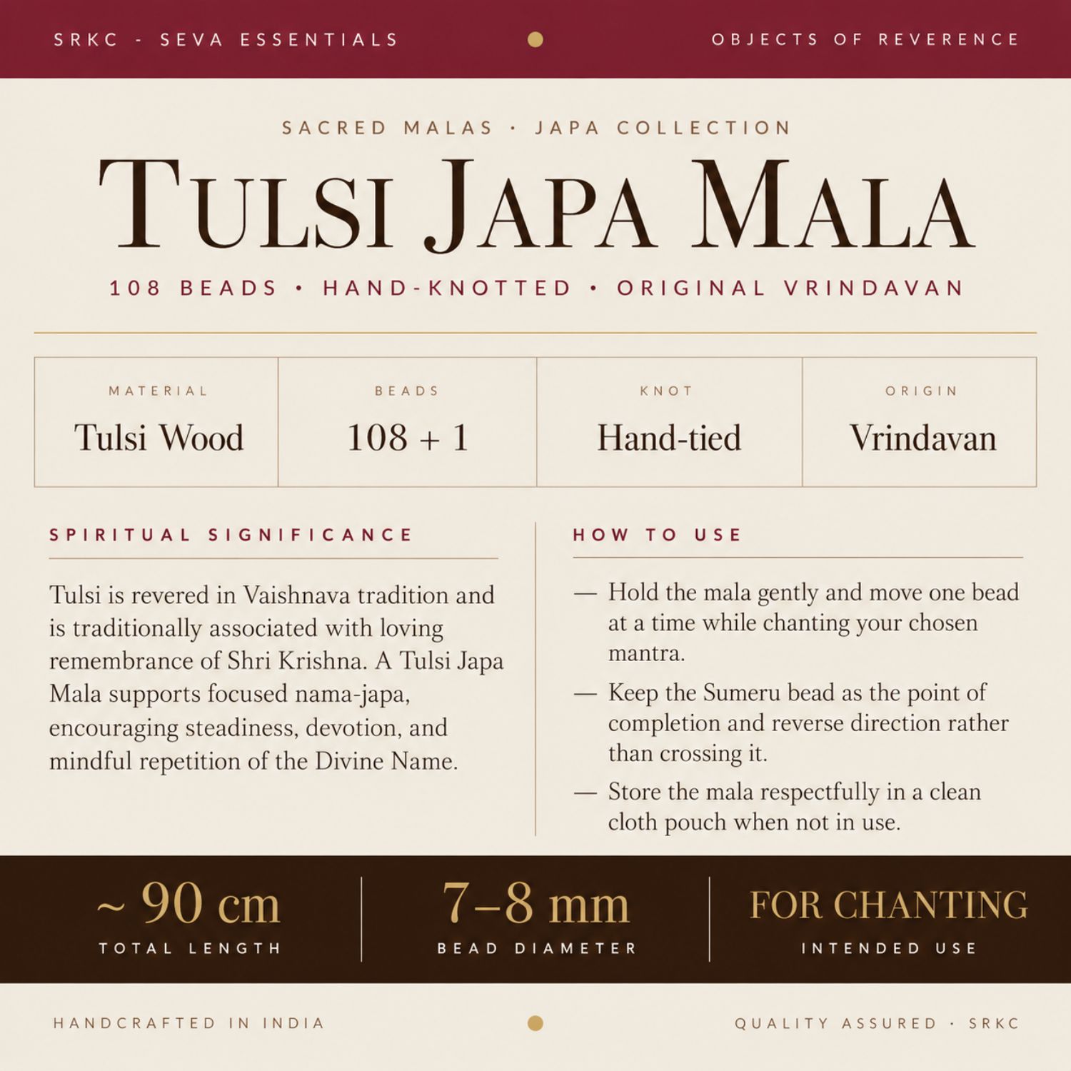 Tulsi Japa Mala 108+1 Natural Finish Hand-Knotted Vrindavan | SRKC - view 4
