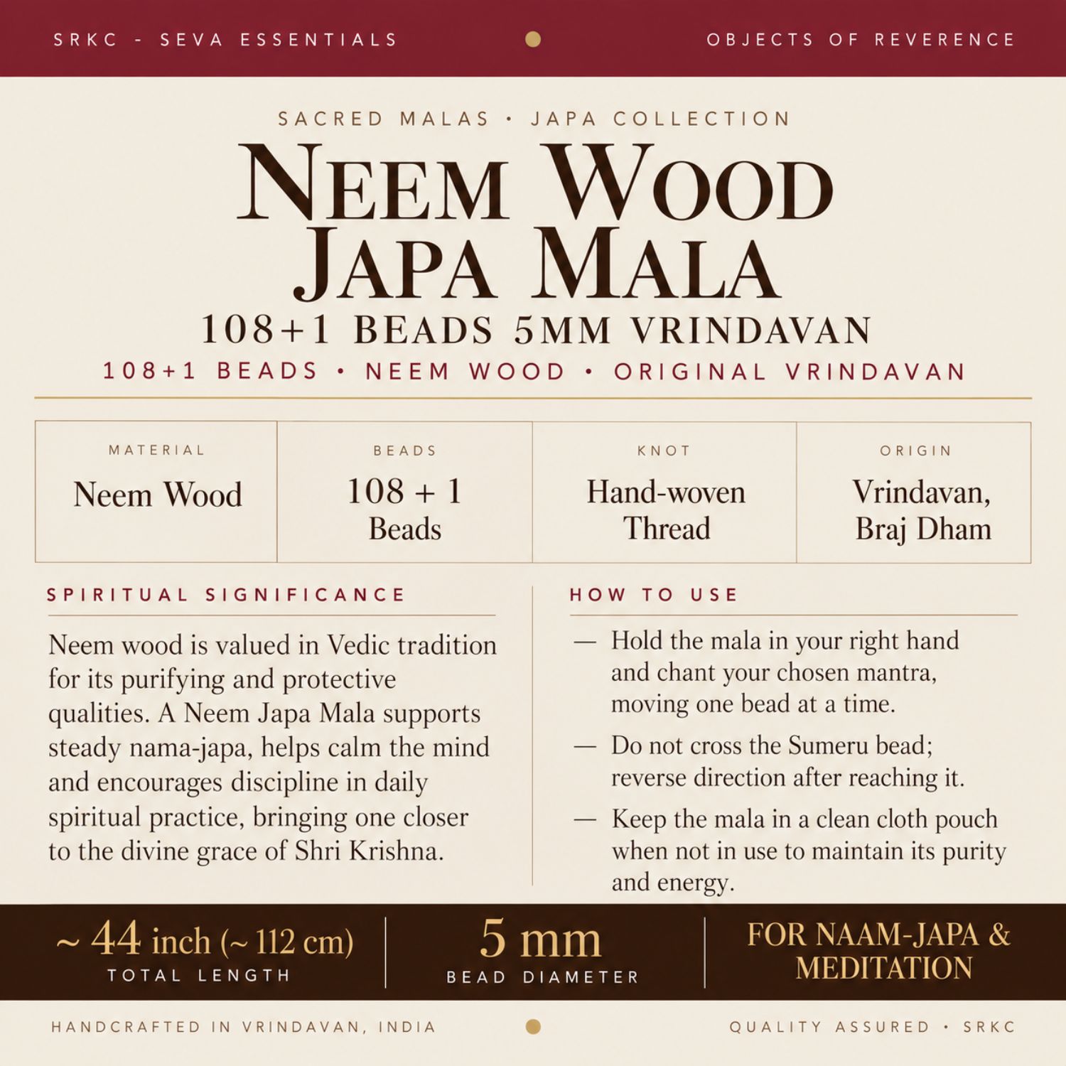 Neem Wood Japa Mala 108+1 Beads 5mm Vrindavan - view 4