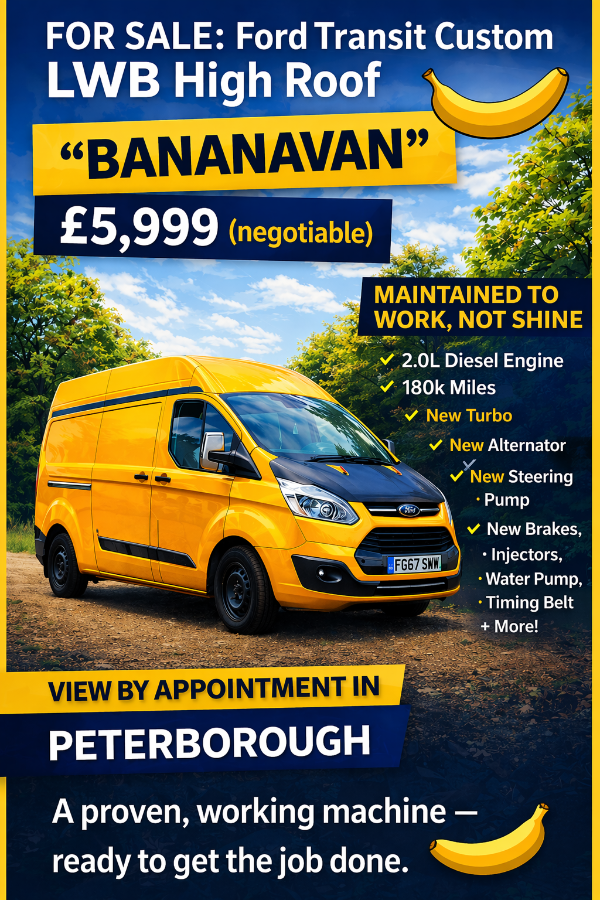 “BANANAVAN” FOR SALE – Ford Transit Custom LWB High Roof – £5,999 🍌 👉 the number of sevens is negotiable 😉