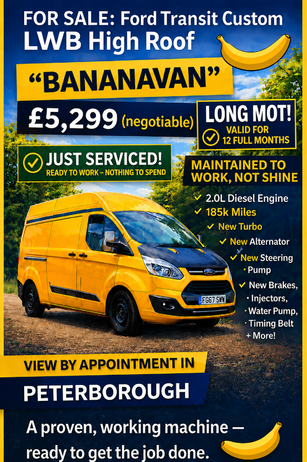 JUST SERVICED, LONG - 1 YEAR MOT -  Ford Transit Custom LWB High Roof – £5,299 🍌