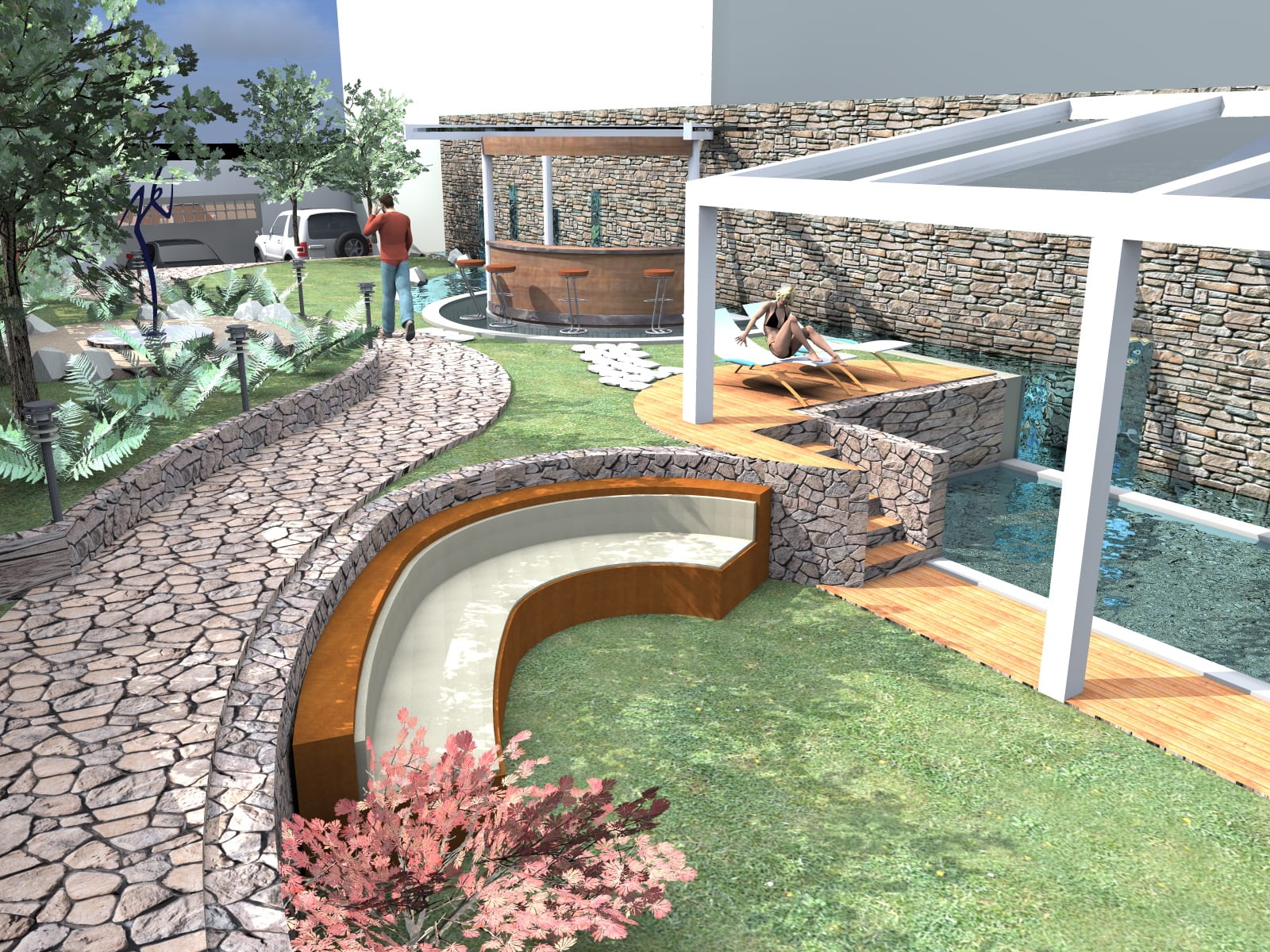 Pergolalı bir villa bahçesi tasarımı