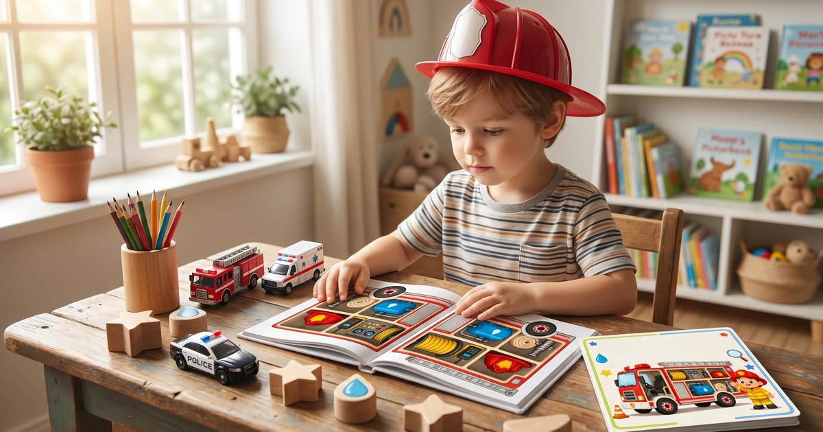 Kids community helpers workbook with colorful early childhood learning activities, stickers, and cartoon character jobs
