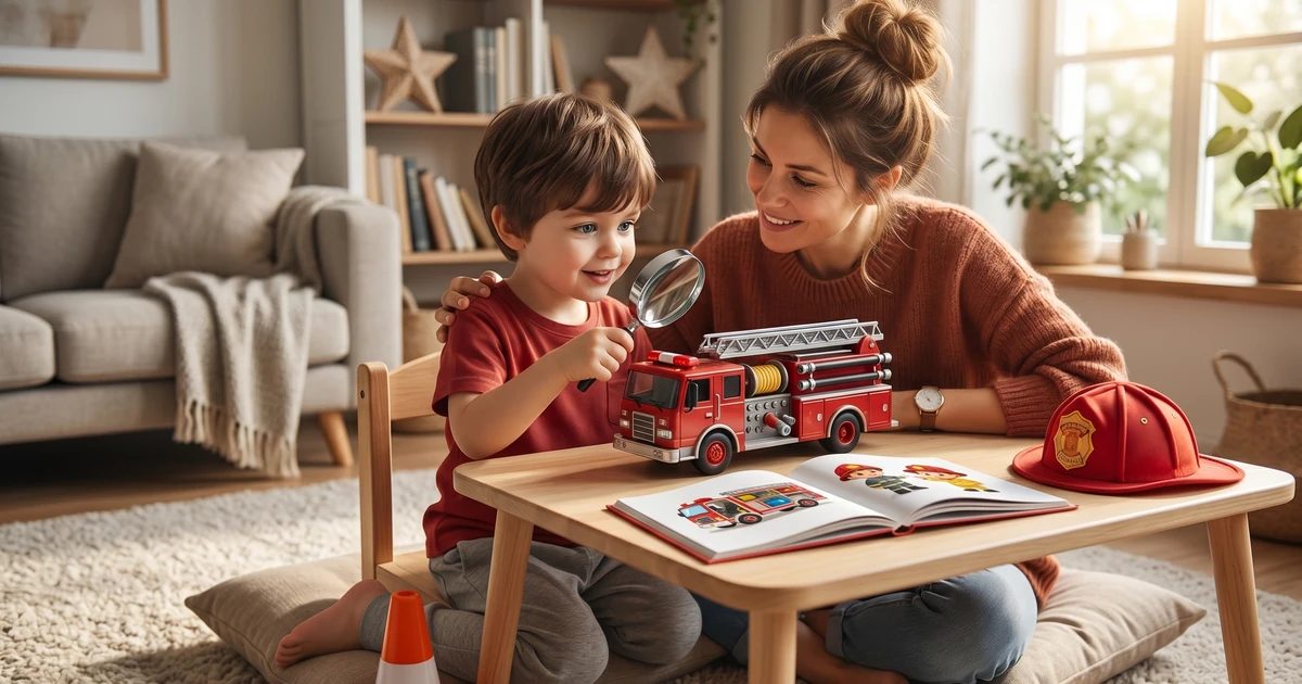 A happy preschool child playing with a toy fire truck, engaging in fun preschool fire truck activities at home