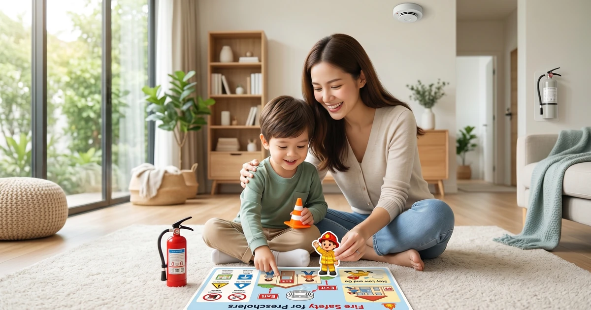 Preschool teacher teaching young children about fire safety for preschoolers using a toy fire truck in a classroom