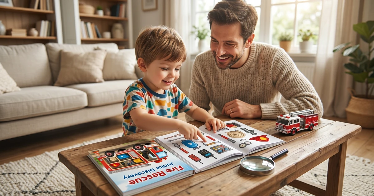 A colorful fire truck activity workbook open on a table, displaying fun educational puzzles and crayons