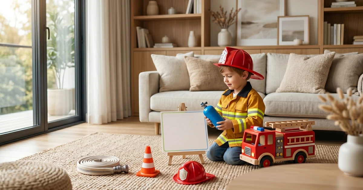 A child playing with hands-on preschool fire truck activities, featuring toy fire engines and sensory play items