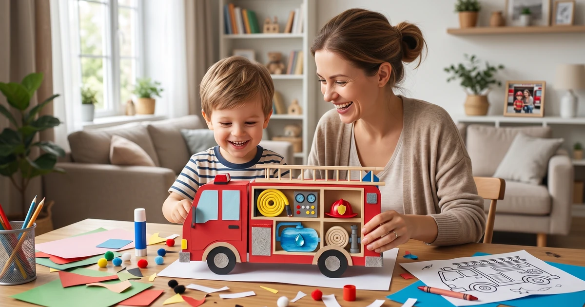 Preschool child happily doing engaging preschool fire truck activities with craft supplies instead of a coloring book