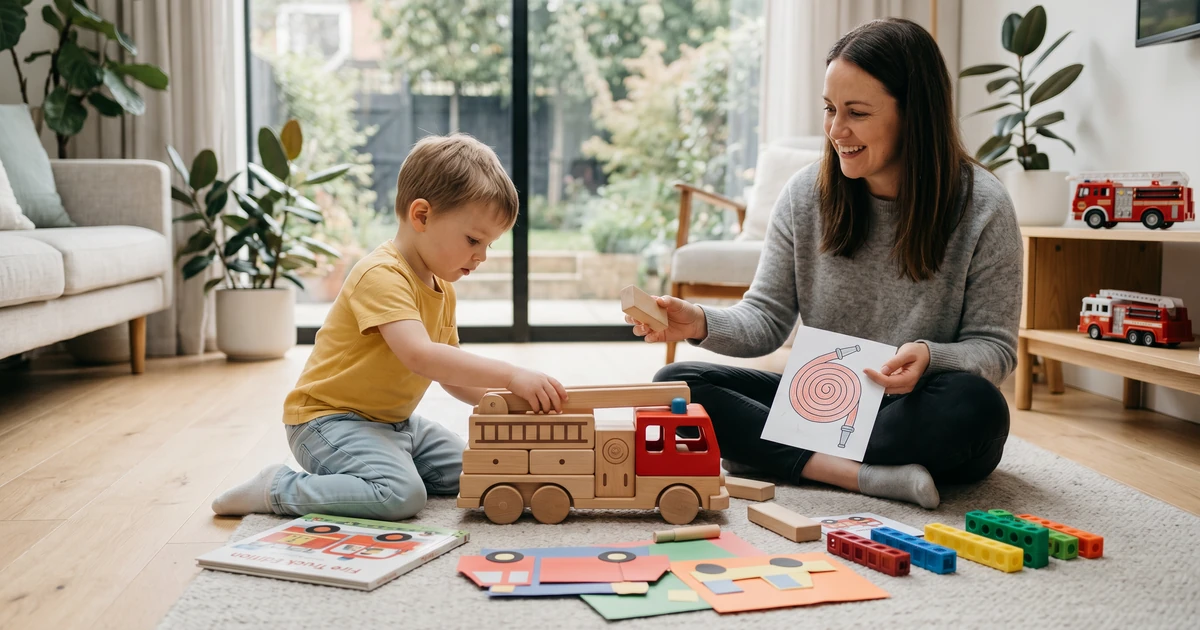 Fire truck themed screen free activities for 3 year olds featuring a child playing with a red toy fire engine