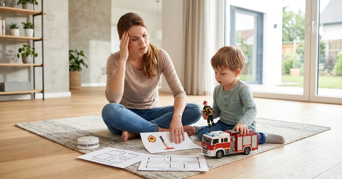 A teacher demonstrating fire safety for preschoolers using interactive props and a toy fire truck in a classroom