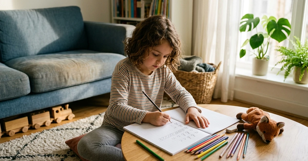 Ejercicios de caligrafía para niños en casa: niño escribiendo en un cuaderno con lápiz sobre una mesa, práctica de escritura manual