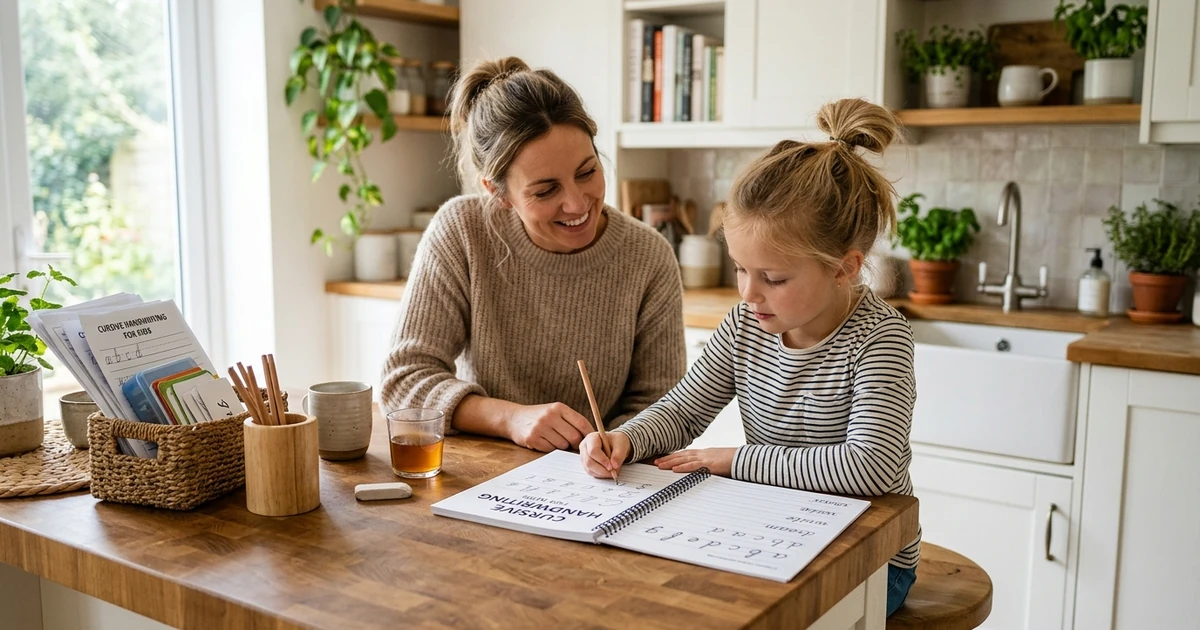 Niños practicando ejercicios de caligrafía homeschooling con el currículo de caligrafía para educación en casa
