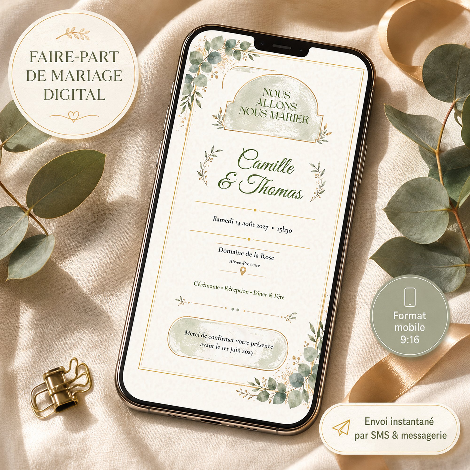 Digital Eucalyptus Wedding Invitation, Personalised Mobile Announcement with Online RSVP for a Rustic Wedding