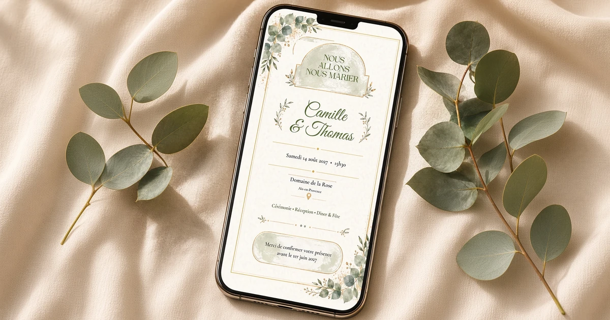 Texte pour faire-part de mariage digital élégant avec calligraphie et motifs floraux sur fond blanc