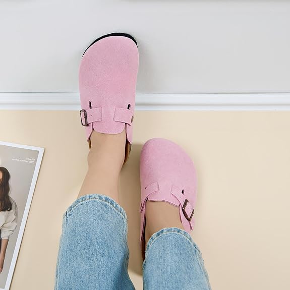 Cork Footbed Suede Clogs For Women - Memory Foam Orthopedic House Shoes With Arch Support Size 6-11