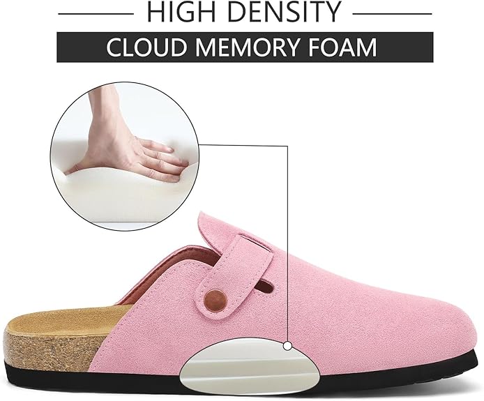 Cork Footbed Suede Clogs For Women - Memory Foam Orthopedic House Shoes With Arch Support Size 6-11
