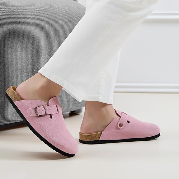 Cork Footbed Suede Clogs For Women - Memory Foam Orthopedic House Shoes With Arch Support Size 6-11