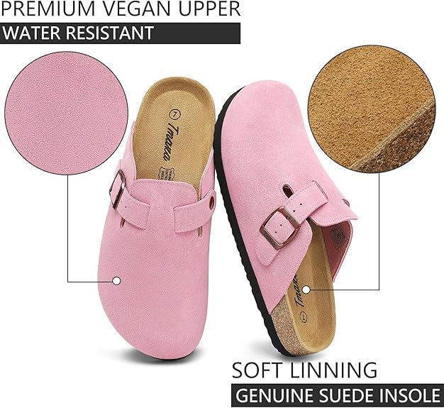 Cork Footbed Suede Clogs For Women - Memory Foam Orthopedic House Shoes With Arch Support Size 6-11