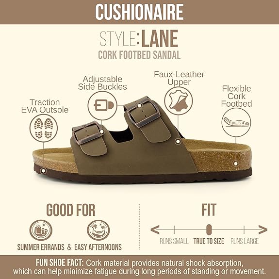 Cushionaire Lane Cork Footbed Sandals For Women – Comfortable Double Buckle Slip-On With Genuine Suede Footbed & Arch Support Slides For Women Footwear