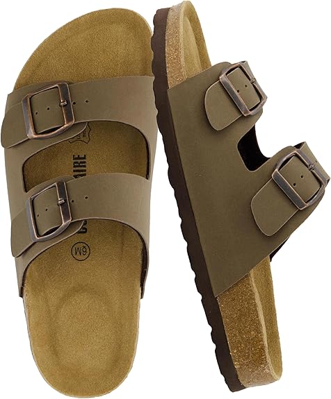 Cushionaire Lane Cork Footbed Sandals For Women – Comfortable Double Buckle Slip-On With Genuine Suede Footbed & Arch Support Slides For Women Footwear