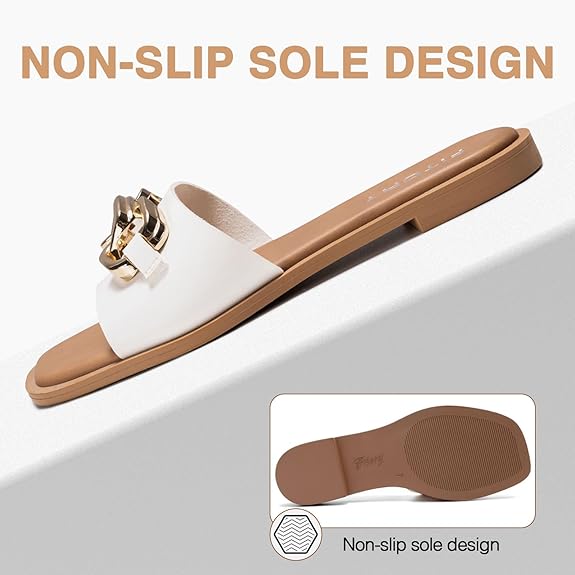 Fitory Women'S Flat Sandals Fashion Slides With Soft Leather Slippers For Summer Size 6-11