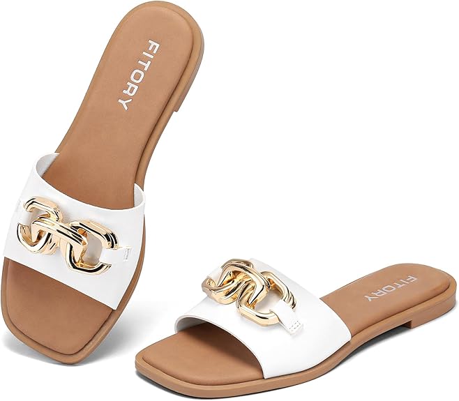 Fitory Women'S Flat Sandals Fashion Slides With Soft Leather Slippers For Summer Size 6-11