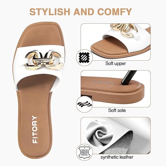 Fitory Women'S Flat Sandals Fashion Slides With Soft Leather Slippers For Summer Size 6-11