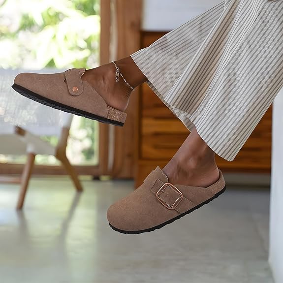 Kidmi Genuine Suede Clogs For Women Memory Foam Cork Footbed Potato Shoes Slip On Leather Mules With Big Buckle