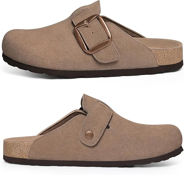 Kidmi Genuine Suede Clogs For Women Memory Foam Cork Footbed Potato Shoes Slip On Leather Mules With Big Buckle