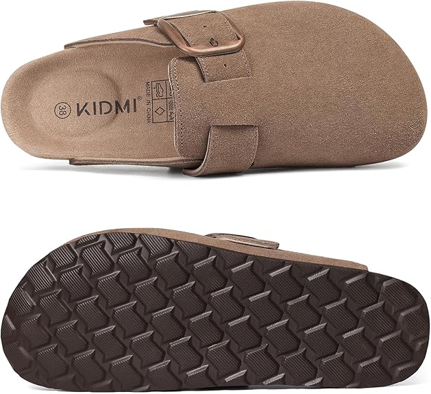 Kidmi Genuine Suede Clogs For Women Memory Foam Cork Footbed Potato Shoes Slip On Leather Mules With Big Buckle