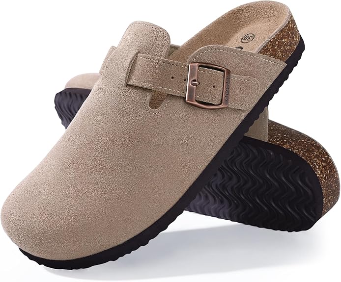 Odoly Genuine Suede Clogs For Women Men Soft Cork Footbed Leather Mules Comfort Potato Shoes With Arch Support