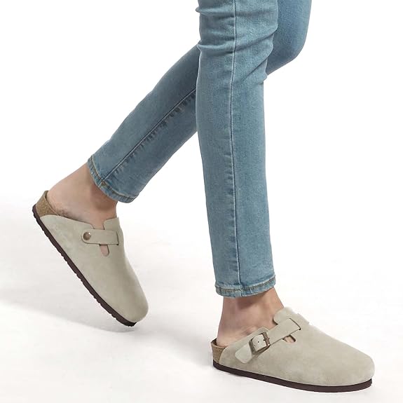Softyoho Clogs For Women Men, Mules With Arch Support And Adjustable Buckle, Suede Leather Cork Footbed Potato Shoes