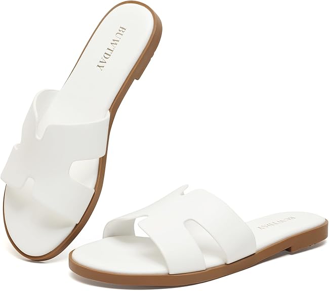 Womens Flat Sandals Dressy Summer Slides Comfortable Casual Open Toe Vacation Sandals Slip On Slides Leather Sandals For Women